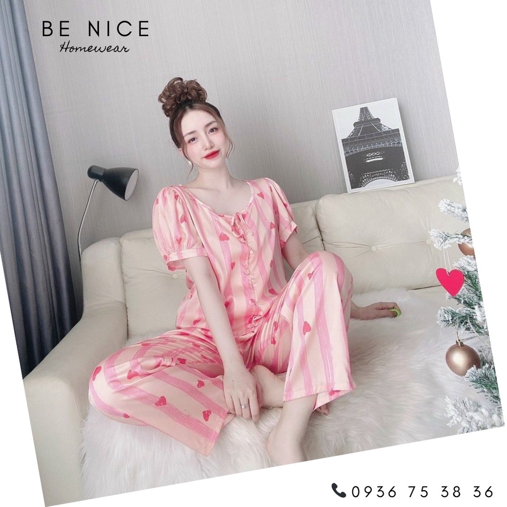 Set lụa dài nơ cổ tay phồng cho cô nàng kín đáo, Be Nice Homewear