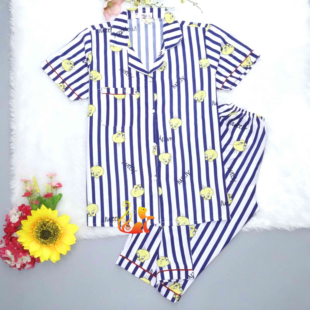 Đồ Bộ Mặc Nhà &quot;Vịt Sọc&quot; Pijama Quần Lửng Kate Thái - Dưới 68kg.