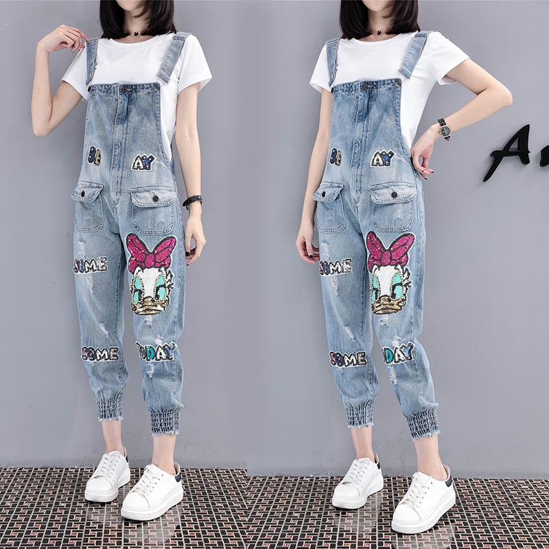 Quần Yếm Denim Họa Tiết Hoạt Hình Đính Kim Sa Thời Trang 2020 Cho Nữ