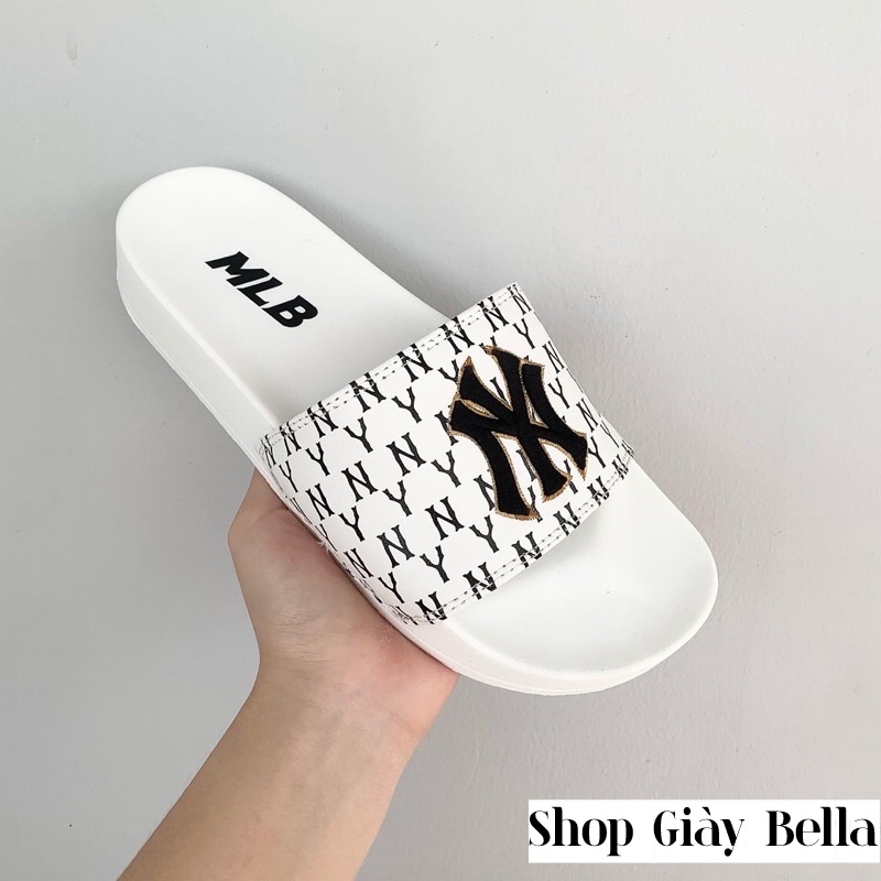 Dép Quai Ngang Nam Nữ 𝗠.𝗟.𝗕 𝗡𝗬 Unisex Siêu Hot Trend đủ size [ Fullbox + Hỗ trợ đổi size ] - Logo Thêu Màu Trắng Đe