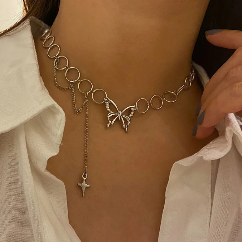 Vòng cổ choker dáng dài mặt hình tròn/chữ thập phối dây tua rua phong cách hip hop cho nữ