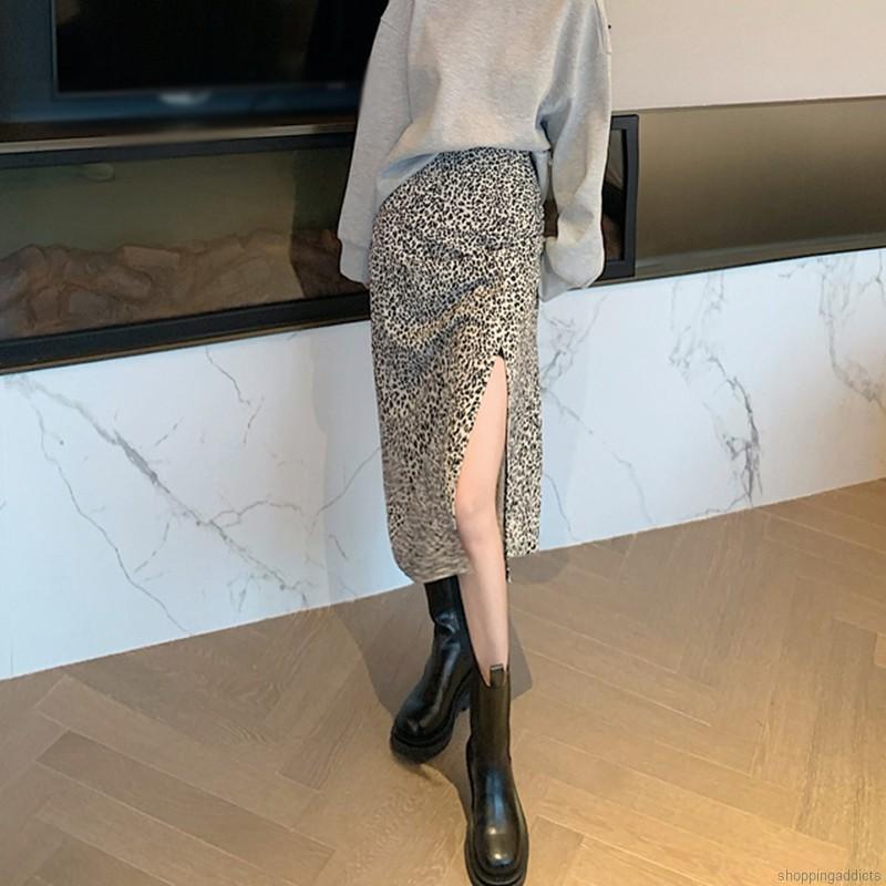 Women's cute fashion leopard print split long skirt