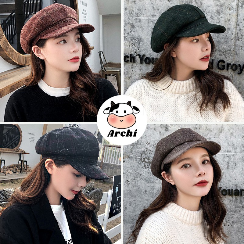 Mũ lưỡi trai beret ullzzang họa tiết kẻ