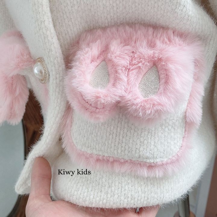 Áo khoác bé gái Kiwy Kids chất liệu len lông mềm mại có mũ tai thỏ đáng yêu Kids58-2137 cho bé từ 1 đến 11 tuổi