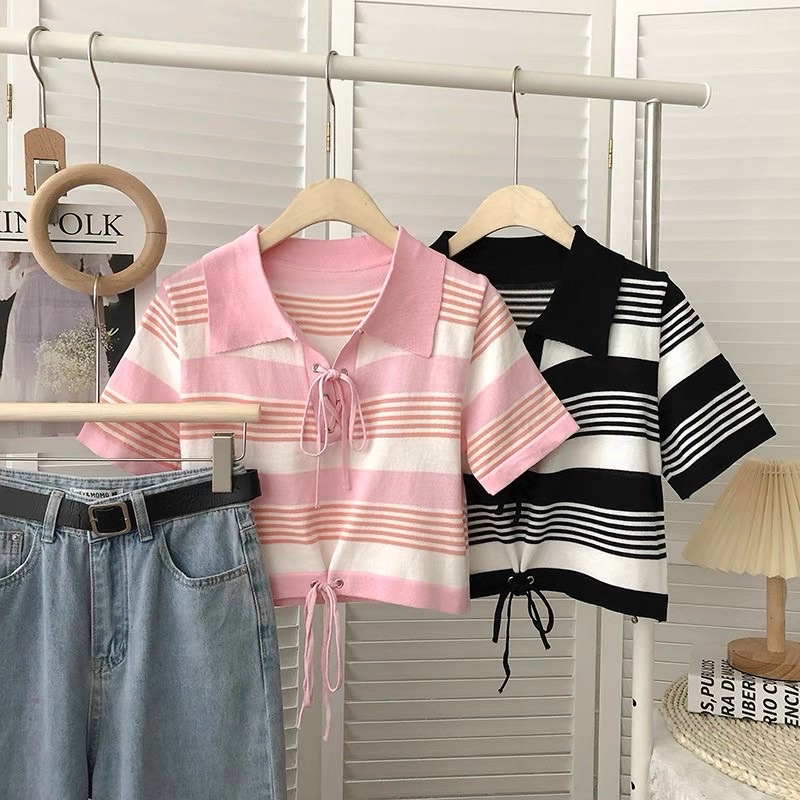 Áo len polo kẻ dáng croptop đan dây, Áo kiểu len cổ bẻ form ngắn AL6563 - NhiNhi Shop
