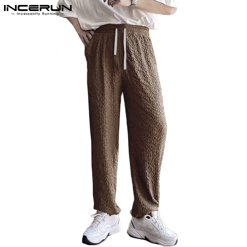 Quần dài INCERUN ống suông dáng rộng lưng thun co giãn có dây rút thời trang 3 màu tùy chọn cho bạn nam