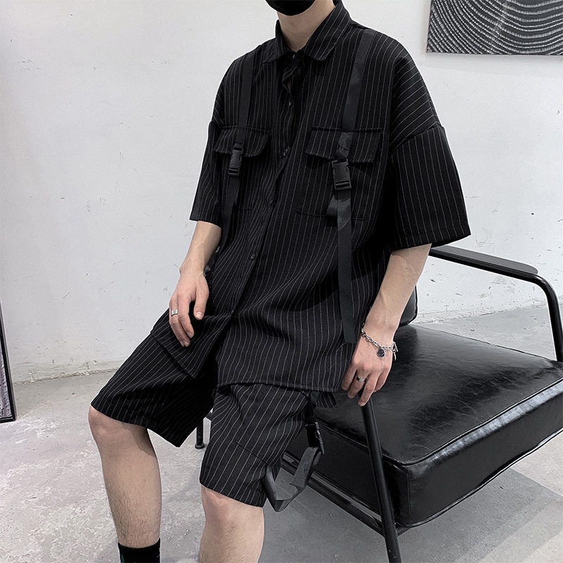 Set Áo Sơ Mi Tay Lỡ Kẻ Sọc + Quần Lửng Phong Cách Hip Hop Thời Trang Mùa Hè Cho Nam