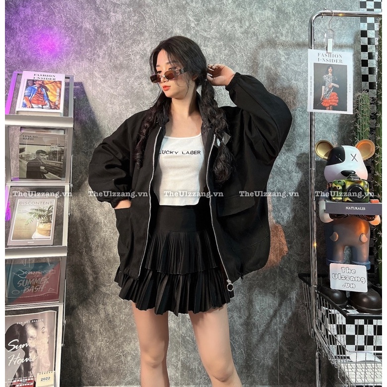 Áo Khoác Quảng Châu Da Lộn 2 Lớp Khóa Zip CC Form Rộng Dơi Tay Phồng Mẫu Trơn 2 Túi Hộp - DL2011