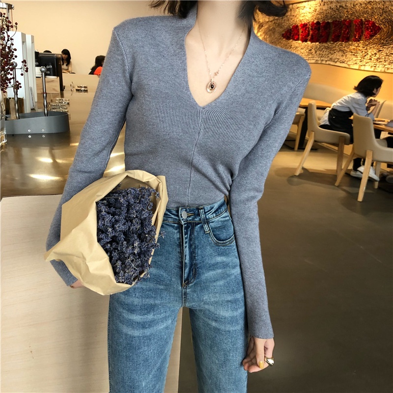 Áo sweater ZHELIHANGFEI dệt kim tay dài cổ chữ V phong cách phương Tây