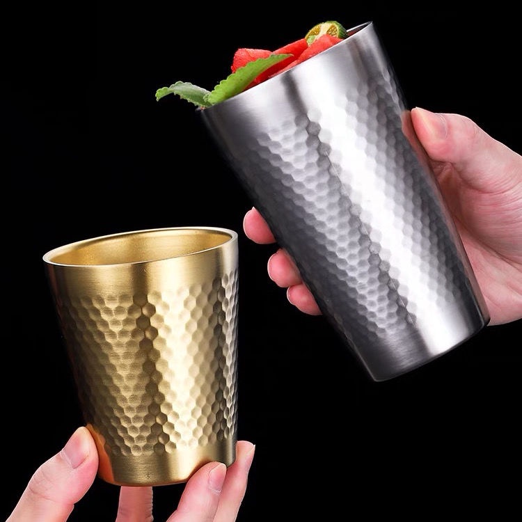 Cốc Uống Bia/Nước Ép Bằng Thép Không Gỉ 304 Họa Tiết Kim Cương Hai Lớp Màu Vàng Đồng Phong Cách Hàn Quốc Dùng Trong Nhà Hàng