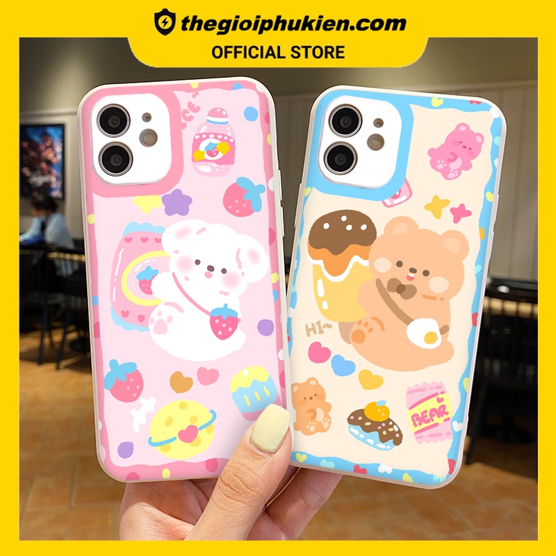 Ốp iphone - Ốp lưng iphone cạnh vuông viền camera Gấu kẹo ngọt dành cho ip 6 đến 14promax - ng007