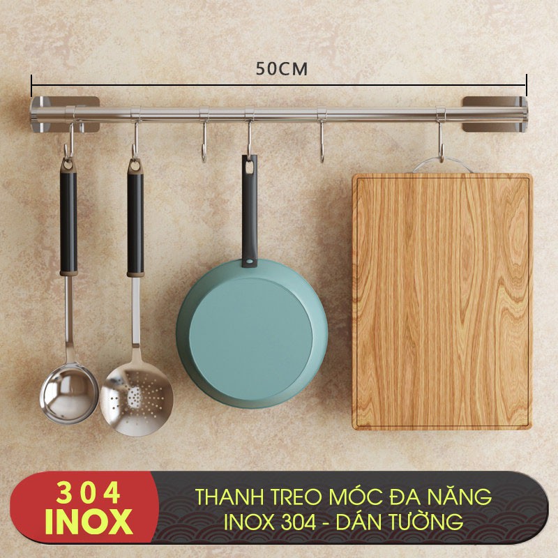 Thanh giá móc treo bếp đa năng dán tường inox 304 Gia Dụng Plus - miễn phí keo dán tường siêu chắc chắn, chịu lực