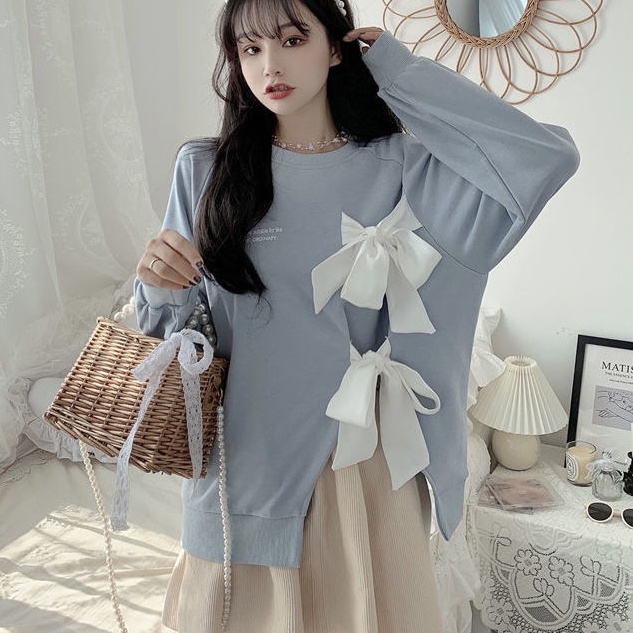 Áo Hoodie Dáng Rộng In Chữ Phối Nơ Xẻ Tà Kiểu Hàn Quốc Dễ Thương Cho Nữ