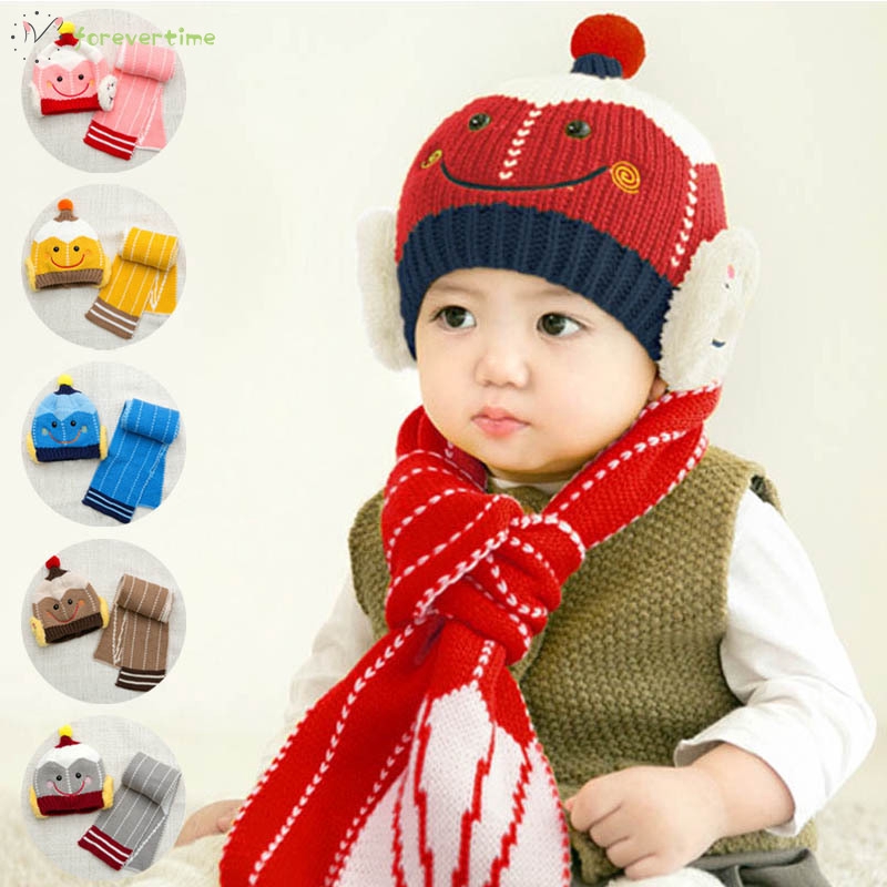 ☞mũ☜ Baby Boys Girls Knitted Hat + Scarf Smile Face Winter Warm Beanie Cap Hats Scarf Set