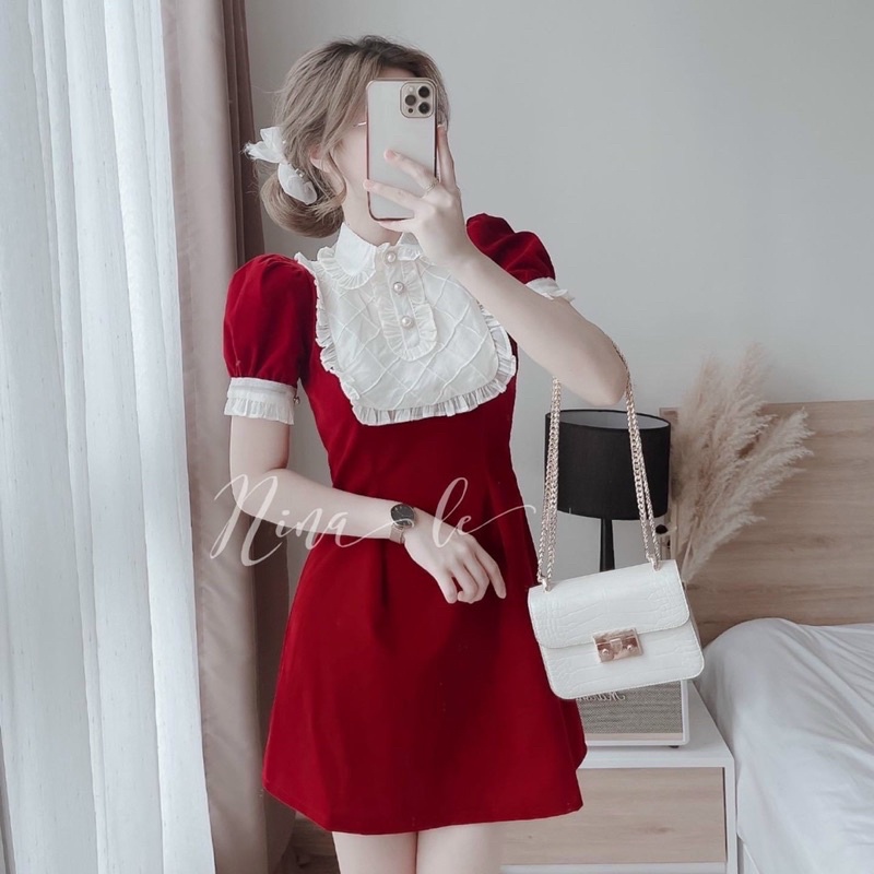 Đầm nhung cổ cao - dáng chữ A - đi tiệc, noel, tết - Shop Táo Đỏ Bigsize
