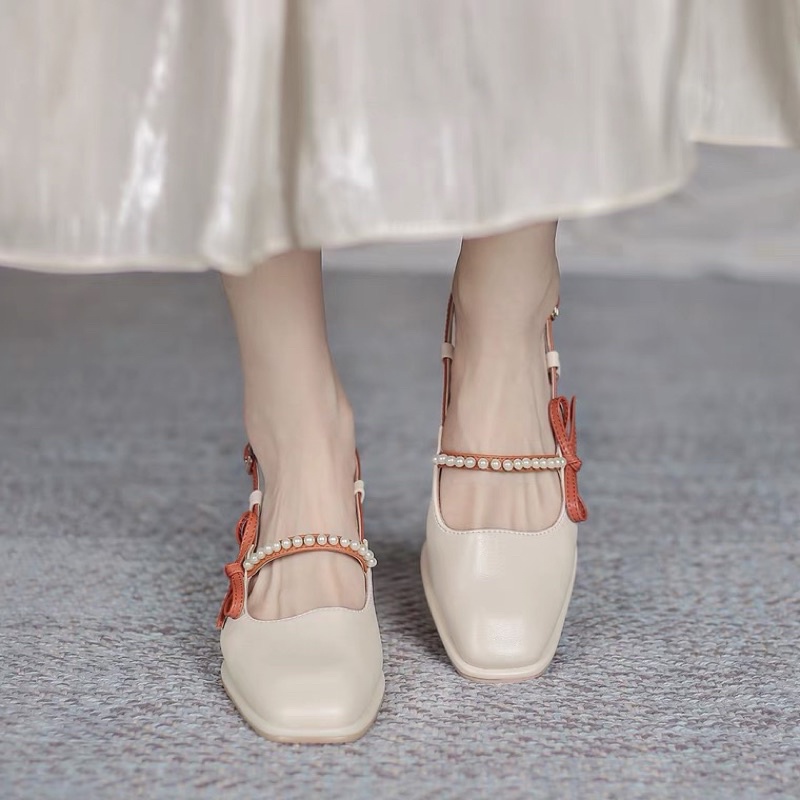 Giày cao gót mũi vuông mũi vuông đính nơ ngọc trai nhân tạo Mary Jane Hàn Quốc 2021 -6235