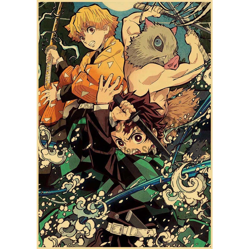 Tranh Giấy kraft Treo Tường In Hình demon slayer kimetsu no yaiba Kiểu retro Hiện Đại Trang Trí Phòng Khách
