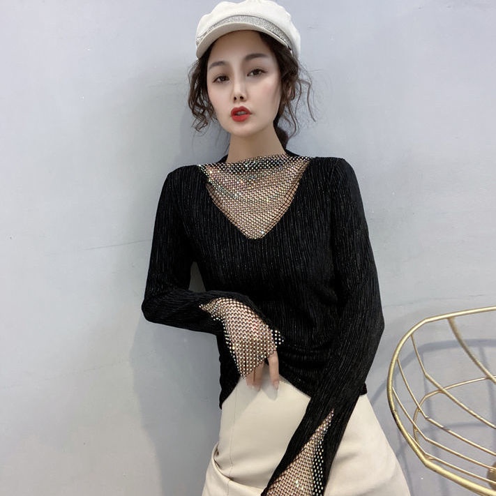 Áo thun tay dài phối lưới đính đá thời trang xuân thu dành cho nữ 2021