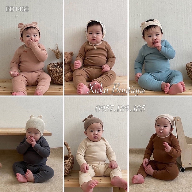 Set Bodysuit Dài Tay Kèm Mũ Cục Bông Cho Bé 0-3 Tuổi Style Nhật Bản Chất Cotton Cực Mềm Mại Mùa Thu Đông