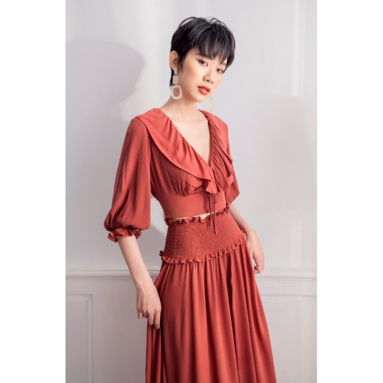 Thanh Lý Sò Vintage - Monly Set Thiết Kế Áo Xô Croptop Cổ Tim Và Chân Váy Midi Thun Eo