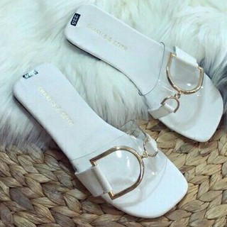 FREESHIP Dép nữ quai ngang đính khóa  xinh xắn màu trắng size lớn 40 41 42 43 44