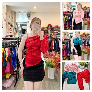 Hình thật - Áo kiểu lụa gấm lệch vai 1 dây ❤️FREESHIP❤️áo thiết kế nhiều màu nhiều size chất lụa gấm dày, sang, xịn