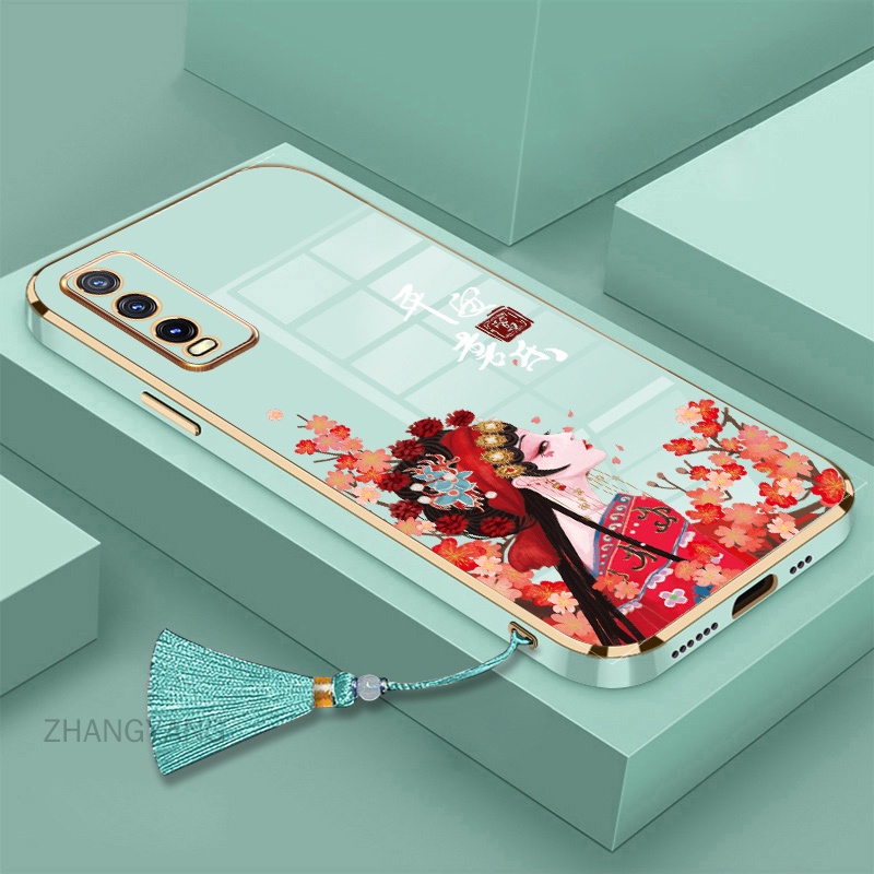 ốp lưng vivo y20i y12s y20s y12a y20 Mạ điện TPU Vỏ mềm silicone Guofeng Character Case điện thoại với dây buộc tua