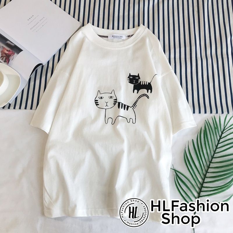 Áo thun tay lỡ form rộng 2 chú mèo ngây ngô, áo phông form rộng size HLFashion