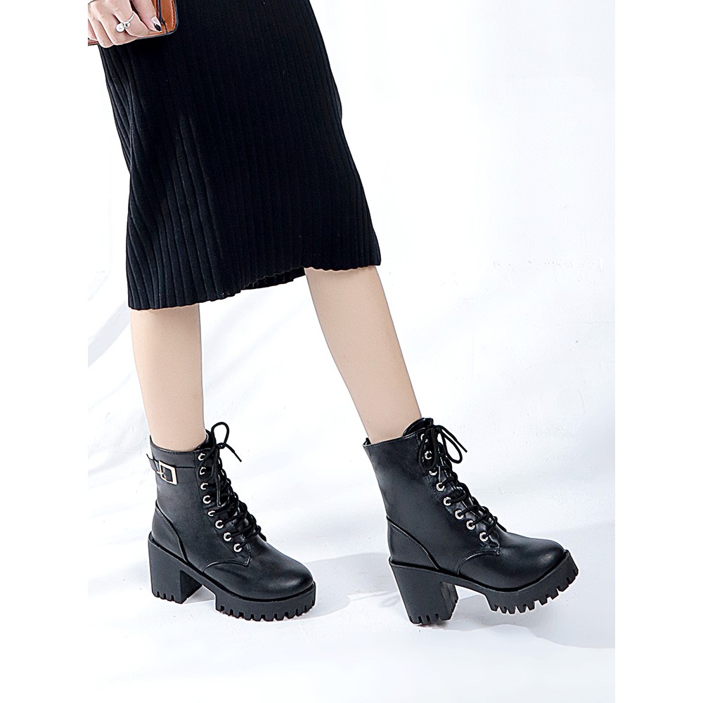 Giày nữ boot nữ phong cách châu âu giày da PU cổ cao dây buộc có khuy đế chiến binh chất nhất | BigBuy360 - bigbuy360.vn