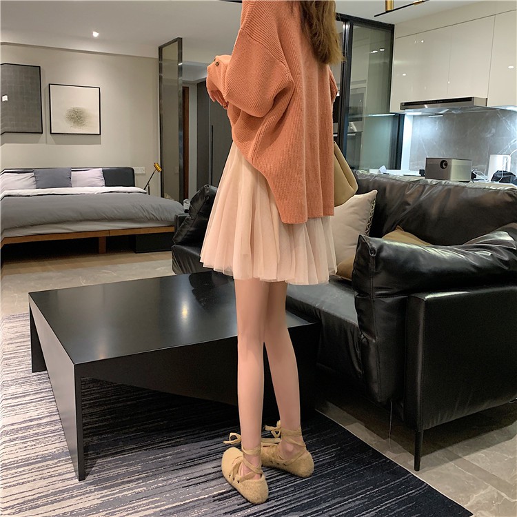 Xiaozhainv Chân Váy Chữ A Lưng Cao Màu Trơn Phối Lưới Phong Cách | BigBuy360 - bigbuy360.vn