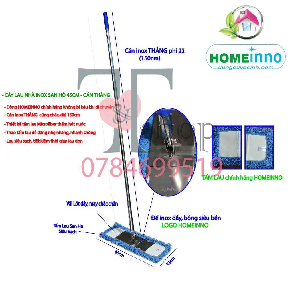 Cây Lau Inox Bẹ San Hô 45cm Homeinno CÁN THẲNG Dài 150cm