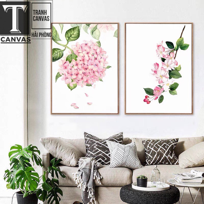 Tranh Canvas tràn viền  treo tường phòng khách, tranh vẽ cành hoa sắc màu H 110-118