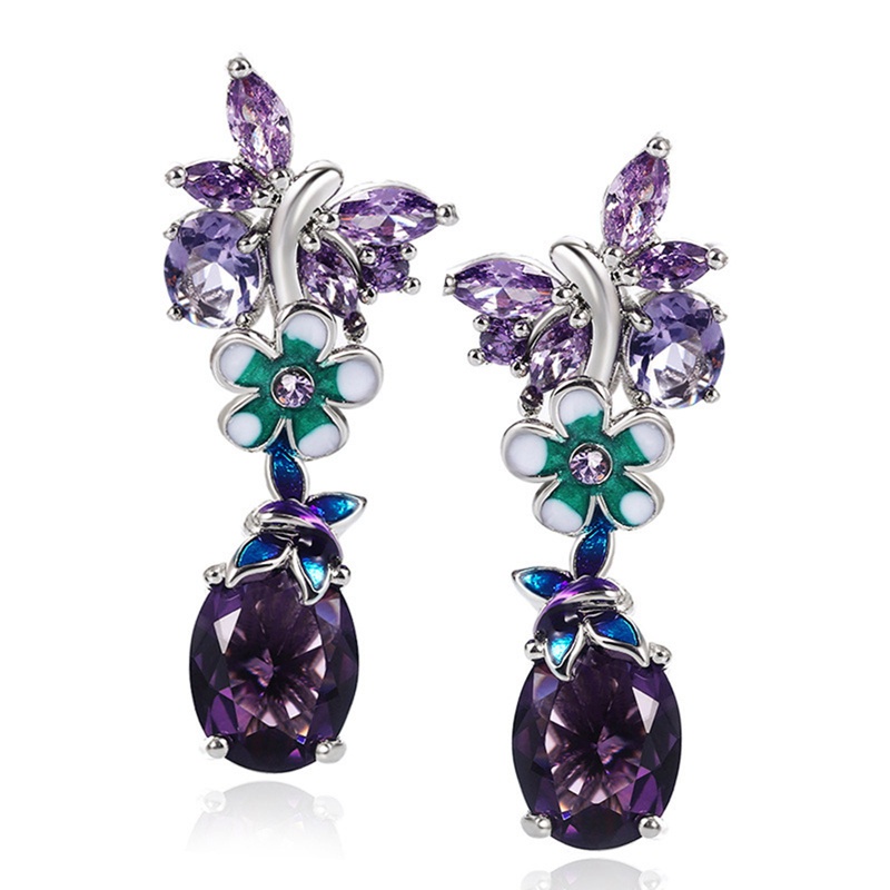 Đôi khuyên tai hình oval màu tím đính đá zircon phong cách Âu Mỹ thời trang mới cho nữ
