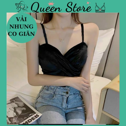 Áo bra nhung nữ dáng croptop, áo lót nữ 2 dây nhung mặc trong vest, bra nhung có mút chéo ngực dây mảnh xoắn