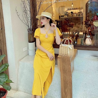 Đầm vàng dây cổ xẻ tà (kèm hình thật)
