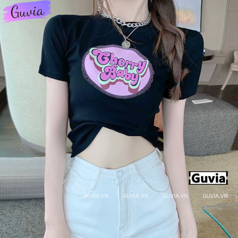 Áo Croptop Ôm Body Nữ CHERRY BABY Cổ Tròn Tay Ngắn, Áo Thun Croptop Kiểu In Họa Tiết GUVIA CR86