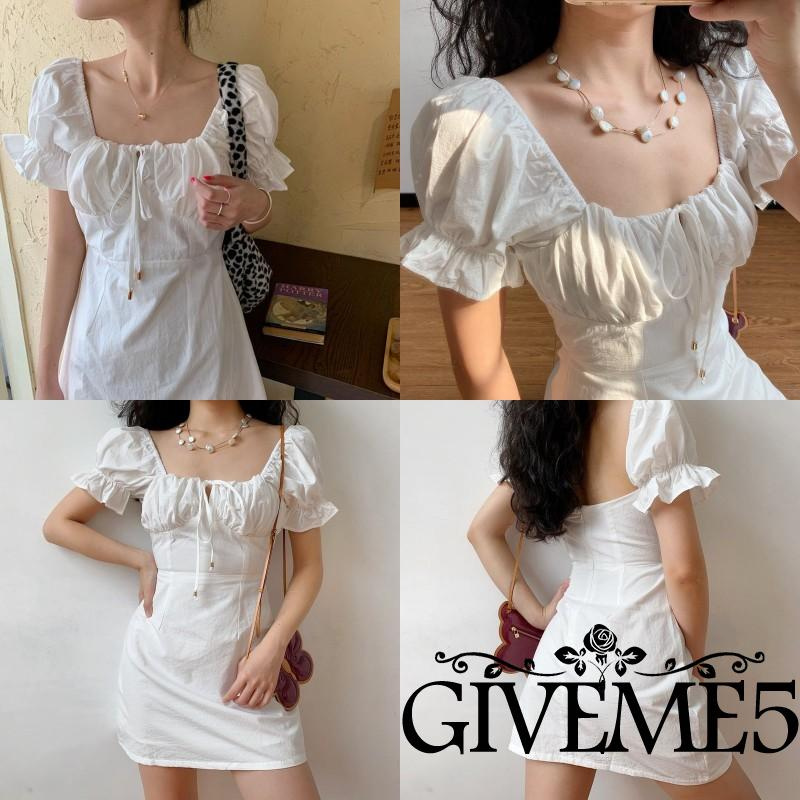 Áo Liền Quần Tay Phồng Cổ Vuông Màu Trơn Thời Trang Cho Nữ