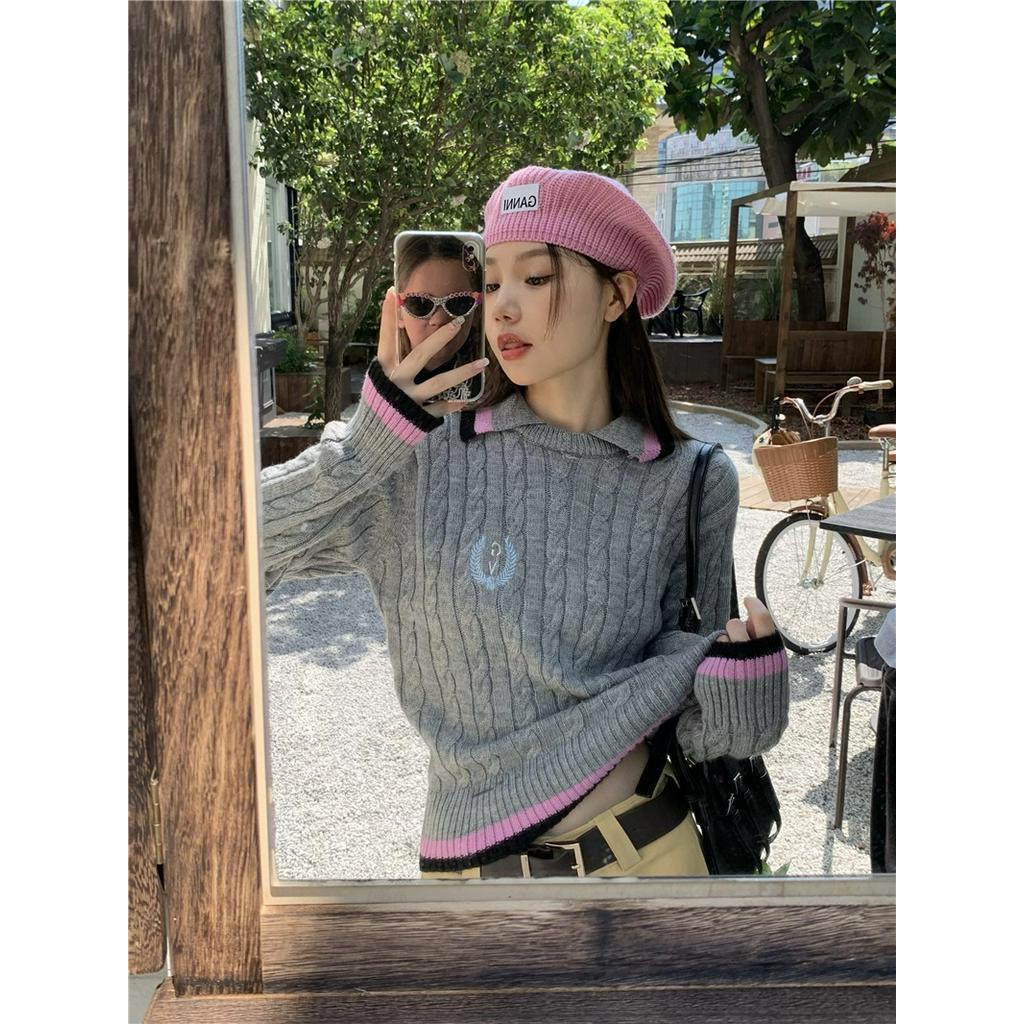 Áo Sweater Dệt Kim Tay Dài Cổ polo Thêu Họa Tiết Màu Sắc Tương Phản Phong Cách Preppy 5648
