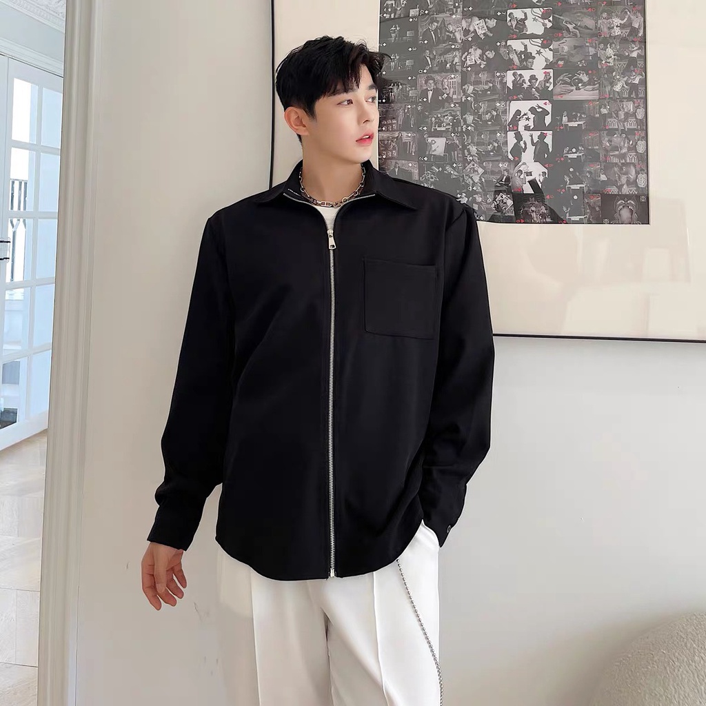[2 MÀU ] ÁO SƠ MI NAM DÀY TAY DÂY KÉO CAO CẤP MẠNH MẼ ĐẦY CÁ TÍNH MẪU MỚI MÀU ĐEN TRƠN TRẮNG TRƠN SƠ MI DÂY KÉO 41