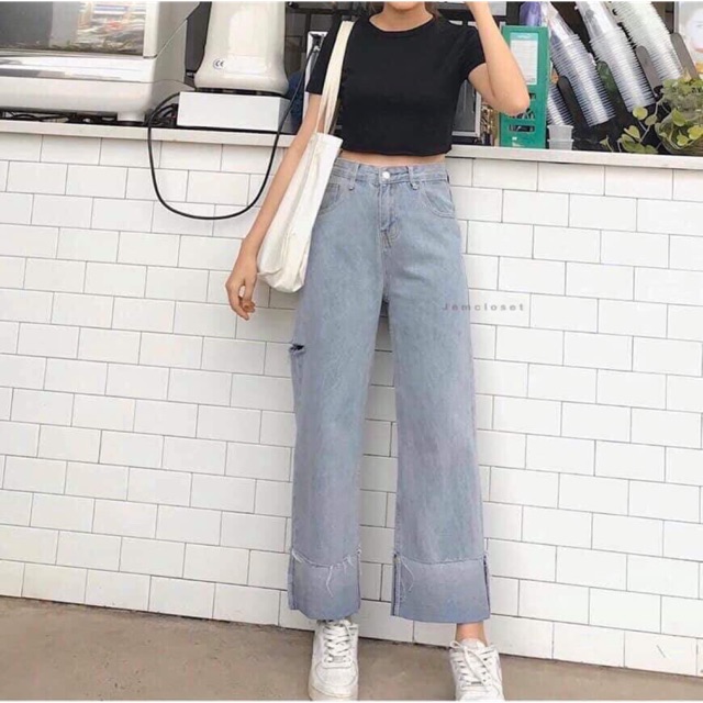 Quần jeans ống suông lật lai qq661