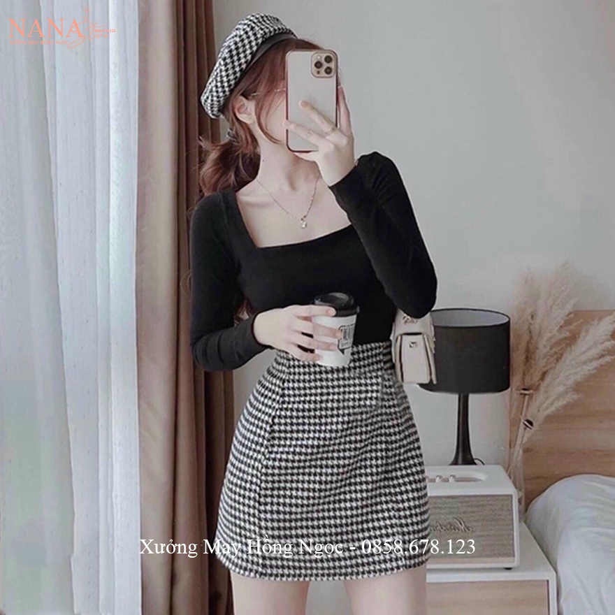 Chân váy chữ A lưng cao kẻ caro sọc đen trắng nhỏ dáng chân váy caro có quần lót trong vải dạ mặc công sở tiệc hẹn hò