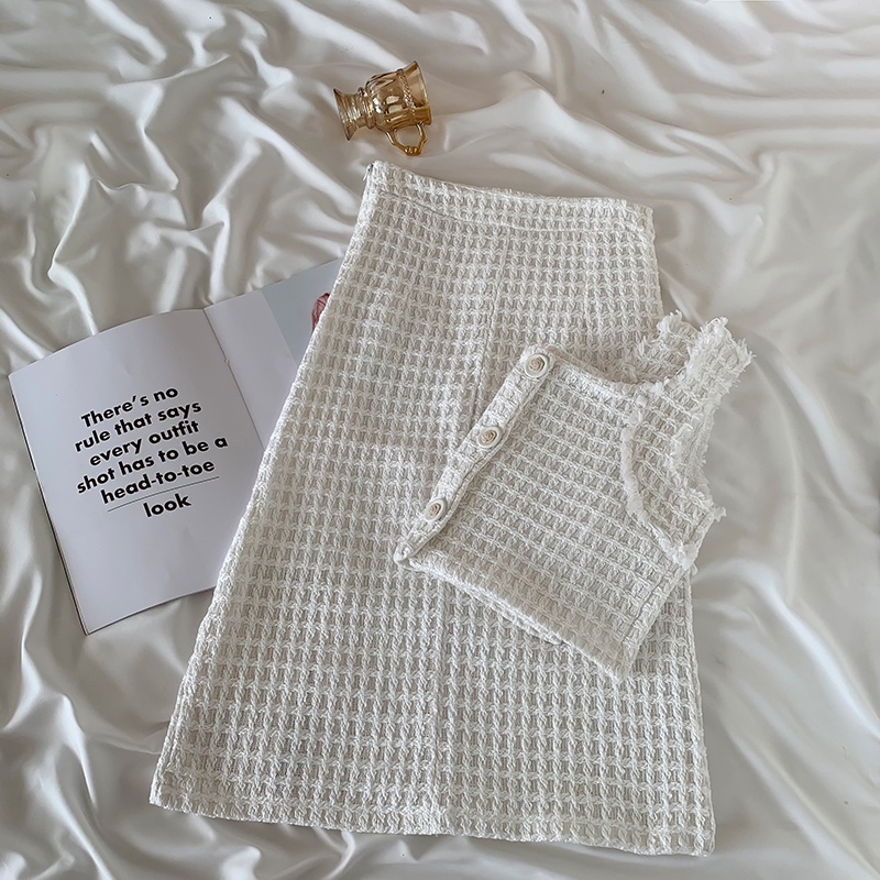 Set Áo Sơ Mi Caro Ngắn Không Tay + Chân Váy Dài Qua Gối Phong Cách Hàn Quốc Dành Cho Nữ