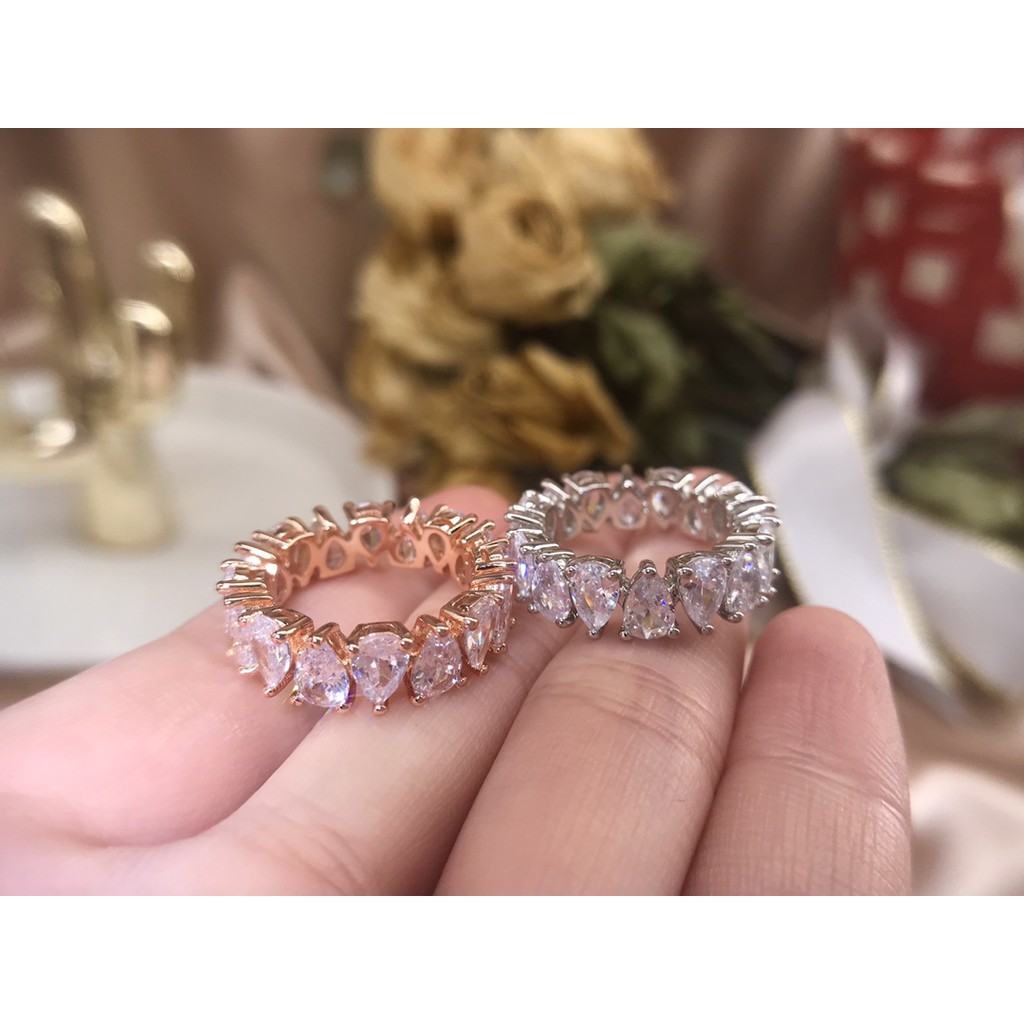 Nhẫn kim loại đính kim cương kiểu giọt nước Swarovski giả đẹp mắt