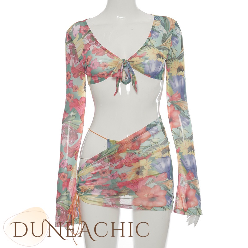 DUNEA Set Áo Lửng Dài Tay + Chân Váy Rút Dây Thời Trang Dành Cho Nữ