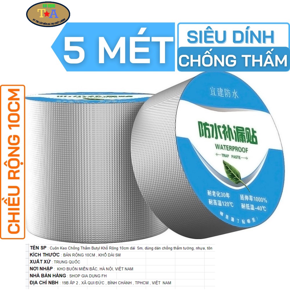 Cuộn Keo Chống Thấm Butyl Khổ Rộng 10cm dài  5m, dùng dán chống thấm tường, nhựa, tôn