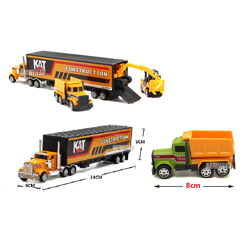 Bộ xe ô tô công trình gồm xe tải và 6 xe nhỏ die cast mô hình tỉ lệ 1:64 đồ chơi trẻ em