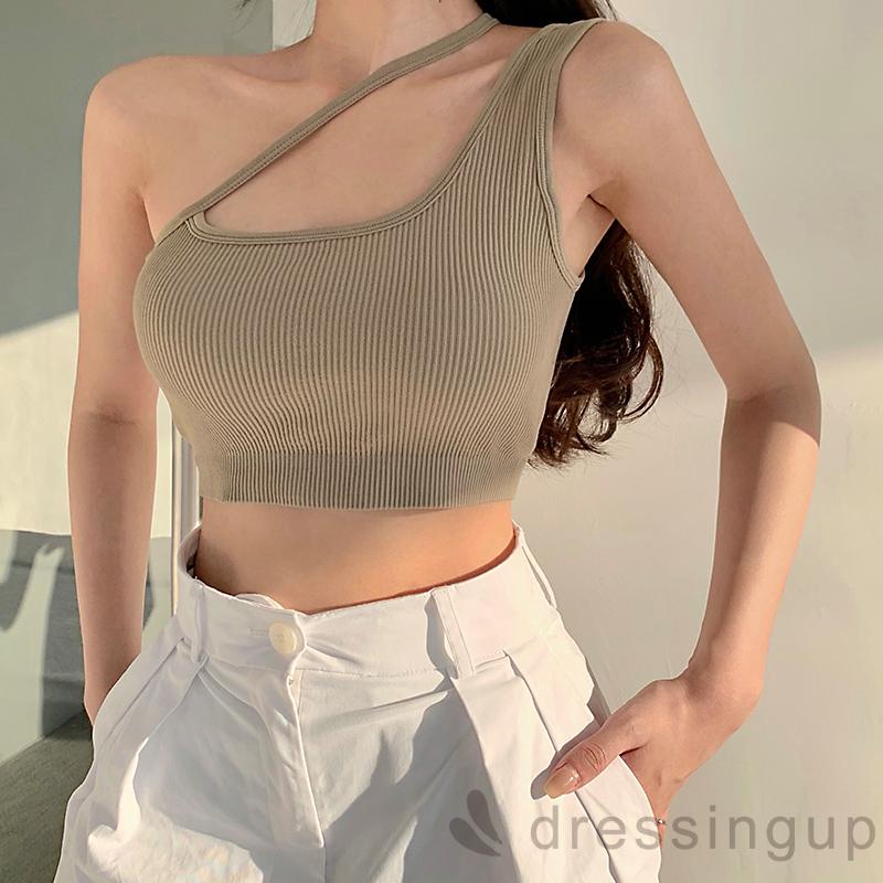 DRESSINGUP-Áo croptop không tay màu trơn dáng ôm hở vai gợi cảm cho nữ