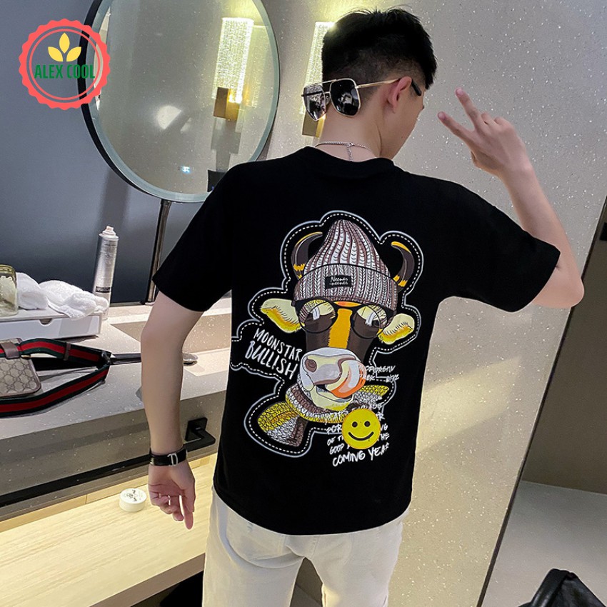 Áo thun nam, áo phông nam tay ngắn cổ tròn chất cotton co giãn 4 chiều hình đầu bò vàng alex cool