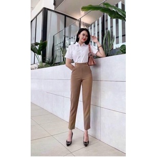 Quần baggy nữ túi  trang trí khuy công sở cạp liền lưng cạp cao vải tuyết mưa siêu đẹp