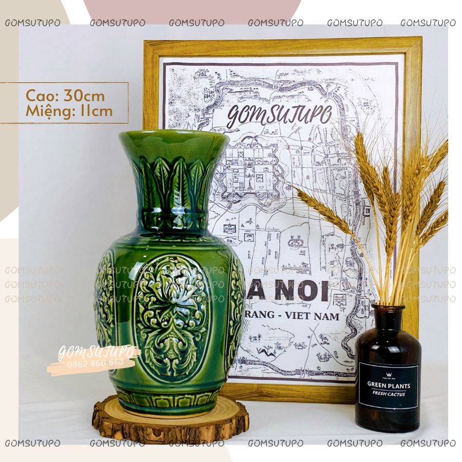 Lọ Vân Nổi Men Hoa Gốm Xanh Ngọc Lục Bảo - Bình Hoa Decor Trang Trí gomsutupo - Gốm Sứ TUPO Bát Tràng